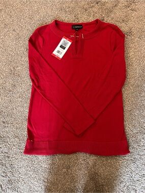 Rafaella Red Long-Sleeve V-Neck Knit Sweater